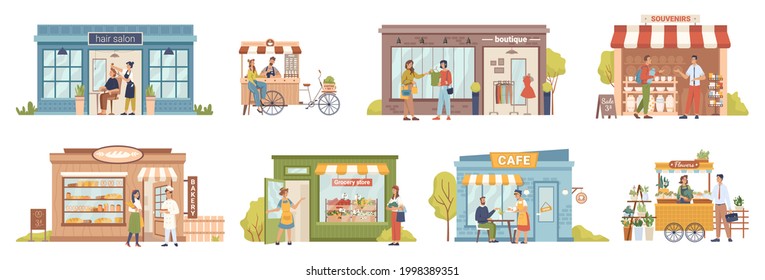 Small business people and building set, shops and stores, cafe and barbershop, buyers and vendors, clients customers. grocery store and bakery, coffee cafe, barbershop, flower store, boutique - Powered by Shutterstock