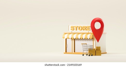 Small Business Store And Red Location Pin, Cart With Cardboard Boxes On Light Background. Concept Of Delivery And Online Shopping. Mockup Copy Space, 3D Rendering