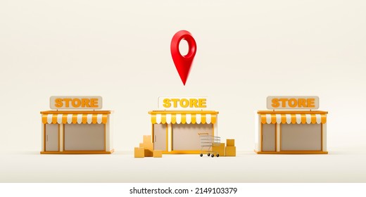 Small Business Store And Red Location Pin, Cart With Cardboard Boxes On Light Background. Concept Of Delivery And Online Shopping. 3D Rendering