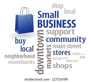 Small Business Word Cloud, Shopping Bag Illustration With Copy Space. To Encourage Shopping At Local Stores, Neighborhood Merchants, Community Businesses And Markets. 