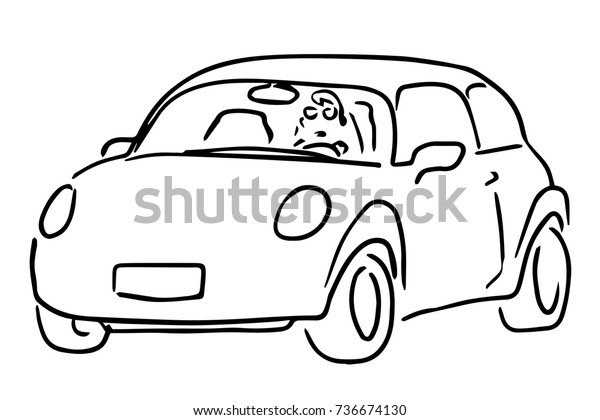 A small car and driver black and white\
sketch. A man is sitting behind the wheel of a car. Simple drawing\
isolated at white\
background.