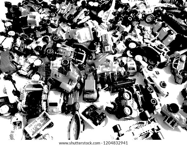 small car toy\
plastic vehicle silhouette draving black and white collection\
background grunge old\
style