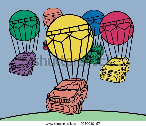 Small cars flying on\
balloons