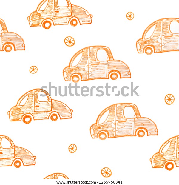 Small cartoon car.
Seamless hand painted pattern for prints, bed cloth, child plaid or
blanket. Ink, pen drawing. Hand drawn pattern in childish style
drawn with markers