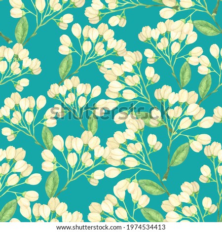 Small cherry buds on the branches. Beige flowers and green leaves. Watercolor seamless pattern on a turquoise background. Botanical illustration.