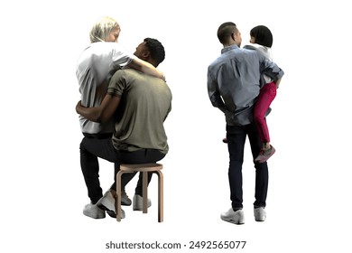 A small child is being held and a man and woman are sitting on chairs interacting, on a white background for diverse concepts. - Powered by Shutterstock