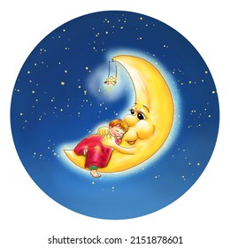 A Small Child Lies Protected Under A Red Blanket And Snuggles Up To The Shining Moon, Which Holds It In Its Hands And Gives It Security. He Smiles At The Child. A Foot Peeks Out From Under The Blanket