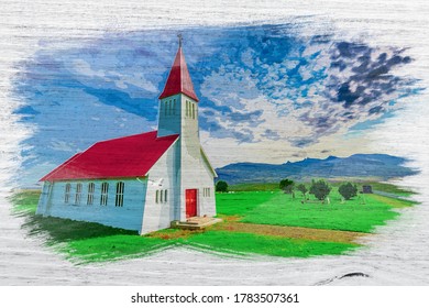 Small Church In Iceland Mountain, Watercolor Painting