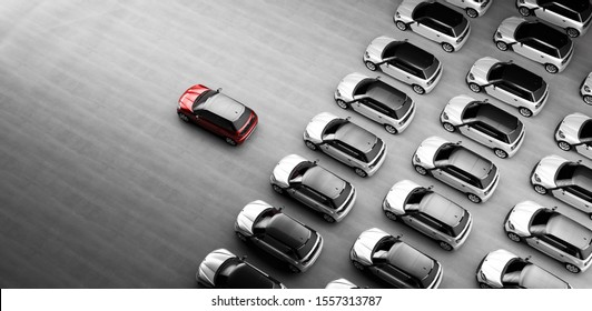 Small city cars fleet. A red car in front. Choosing new car concept. 3D illustration