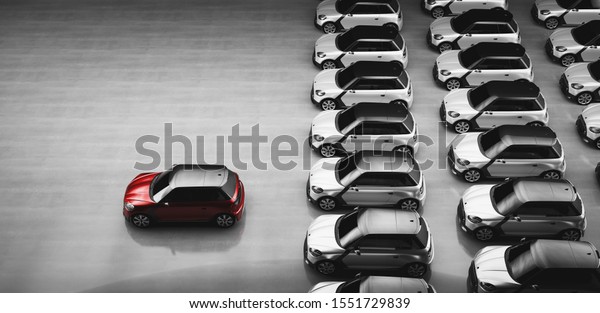 Small city cars fleet. A red car in front.\
Choosing new car concept. 3D\
illustration