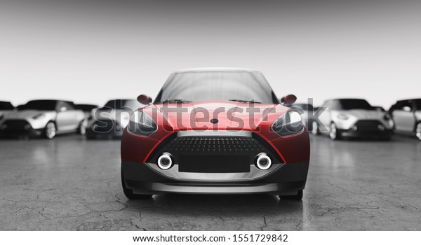 Small city cars fleet. A red car in front.\
Choosing new car concept. 3D\
illustration