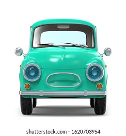 Small and cute cartoon bunchy retro car, front view, isolated on white background. 3d illustration
