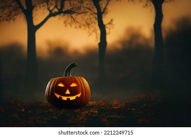 Small Cute Halloween Pumpkin In Dark Autumn Forest Raster Illustration. - Powered by Shutterstock