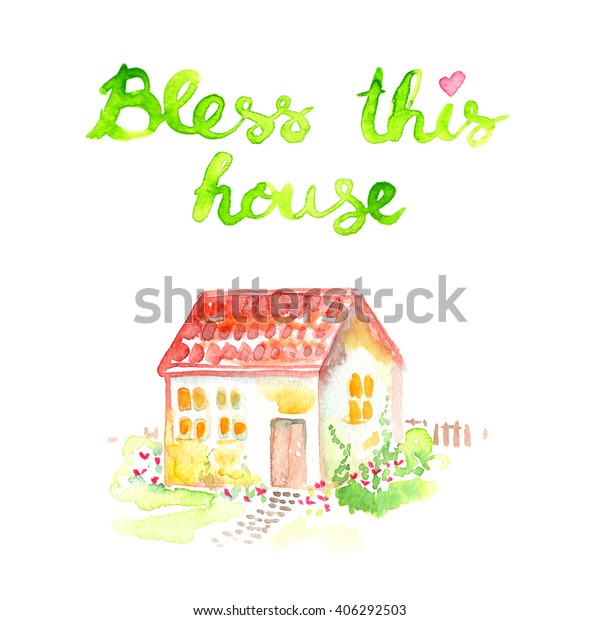 白い背景に水彩で描かれた小さなかわいい家と この家を祝福 と書かれた小さな心 のイラスト素材
