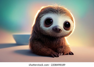 Small And Cute Sloth Sit On The Floor. 
Ideals For NFT, T-shirt, Tattoo And Book Pages. 3d Illustration