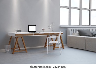 Small Desk As Home Office With Laptop Computer In A Living Room (3D Rendering)