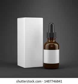 Small Dropper Bottle with a blank white label and blank white box on gray background - 3d rendering mock-up template.