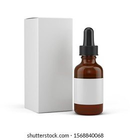 Small Dropper Bottle with a blank white label and blank white box - 3d rendering mock-up template.