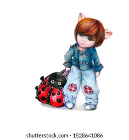 A Small Elf Doll On A White Background Holds  In The Form Of A Ladybug