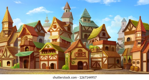 Small Fairy Tale Town. Fiction Backdrop. Concept Art. Realistic Illustration. Video Game Digital CG Artwork. Industry Scenery.
