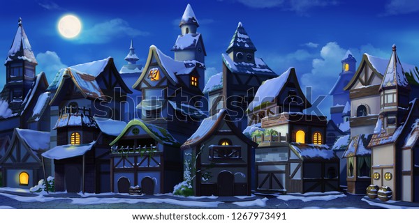 小さなおとぎ話の町の冬の夜 雪 小説の背景 コンセプトアート リアルイラスト ビデオゲームデジタルcgアートワーク 業界の風景 のイラスト素材