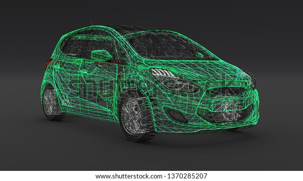Small family car,\
mesh design. 3D\
rendering.