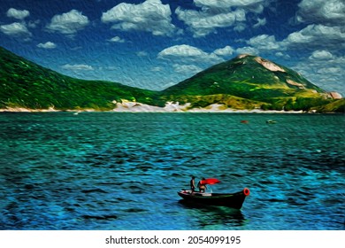 Small fishing boat sailing on the sea, near the beach of Arraial do Cabo. In a Brazilian region of stunning coastal beauty. Oil paint filter.