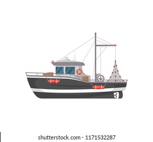 Small Fishing Boat Side View Isolated Icon. Sea Or Ocean Transportation, Marine Ship For Industrial Seafood Production Illustration In Flat Style.