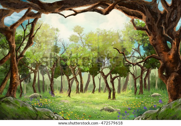 森の中の小さな花畑 ビデオゲームのデジタルcgアートワーク コンセプトイラスト リアルな漫画スタイルの背景 のイラスト素材 472579618