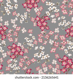 Small flowers cherry blossoms bouquet with branch seamless pattern illustration. Fabric motif texture repeated. Floral elements with leaves on grey color background.