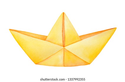 Small Folded Yellow Paper Boat. One Single Object. Symbol Of Summer Time, Joyful Childhood, Piece Of Fun.  Handdrawn Water Color Sketchy Illustration On White Backdrop, Cutout Clip Art Design Element.