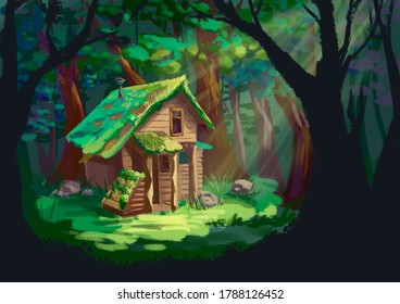 小さな森の小屋 森の中の家 緑の森の風景イラスト 木々が描かれている 図面 芸術 のイラスト素材