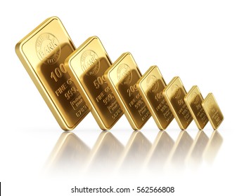 Small Gold Bars With Different Sizes On White Reflective Background - 3D Illustration