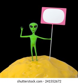 small green alien with friendly face holding blank banner