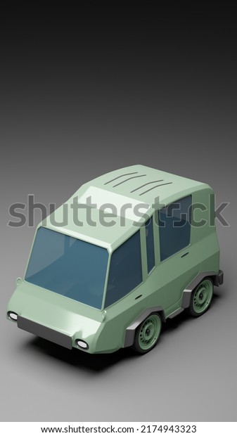 Small green cartoon car model on a\
gray scene 3D rendering land vehicle wallpaper\
backgrounds