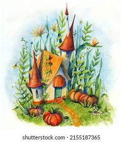 Small house with pumpkin, flowers, leaves and grass. Hand drawn watercolor illustration.