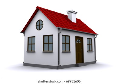 A Small House With Red Roof On A White Background