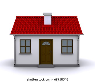 Small House With Red Roof On A White Background, Front View