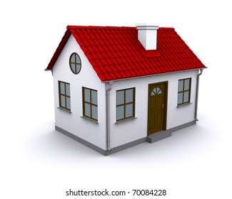 A Small House With Red Roof On A White Background