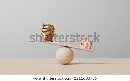 Small house and a stack of coins balancing on a seesaw. Property concept. 3D Rendering. 3D Illustration