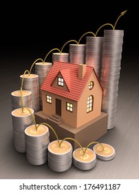 Small house surrounded by coins made of gold and silver forming a graph on the rise.