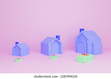 Small Houses, Medium Houses, Large Houses, The Amount Of Money Spent On Building A House, 3D Rendering In Pastel Colors.