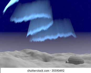 Small igloo in the snow under the Aurora Borealis