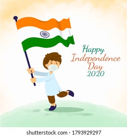 Small Kid Celebrating Indian Independence Day By Running With An Indian Flag Wearing Face Mask