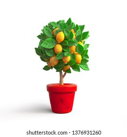 Small Lemon Tree In A Pot. Stylized Cartoon Lemon Tree With Green Foliage And Large Yellow Lemons. Cute Cartoon House Plant In A Red Flower Pot. Shapes Of Leaves. 3D Rendering On A White Background.