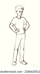 Small Mad Rude Sulk Male Guy Wait Bossy Arm Akimbo Lazy Bore White Man Son Body Sign Speak Talk Pose. Line Pencil Drawn Spoil Feel Bad Sad Upset Moody Reject Look Art Style Self Esteem Youth Concept