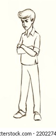 Small Mad Rude Sulk Male Guy Wait Bossy Arm Akimbo Lazy Bore White Man Son Body Sign Speak Talk Pose. Line Pencil Drawn Spoil Feel Bad Sad Upset Moody Reject Look Art Style Self Esteem Youth Concept