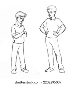 Small Mad Rude Sulk Male Guy Wait Bossy Arm Akimbo Lazy Bore White Man Son Body Sign Speak Talk Pose. Line Pencil Drawn Spoil Feel Bad Sad Upset Moody Reject Look Art Style Self Esteem Youth Concept