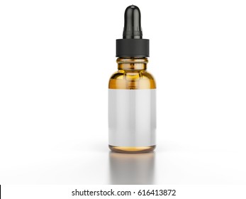 Small medical bottle with a pipette, filled with transparent liquid 3D rendering isolated over the white background