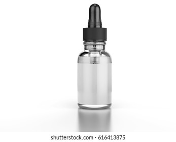 Small medical bottle with a pipette, filled with transparent liquid 3D rendering isolated over the white background